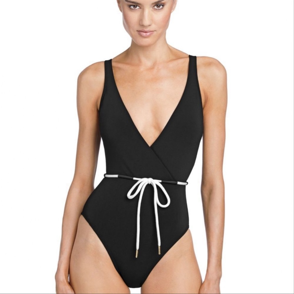 NWT Robin Piccone Emma surplice black swimsuit size 12
